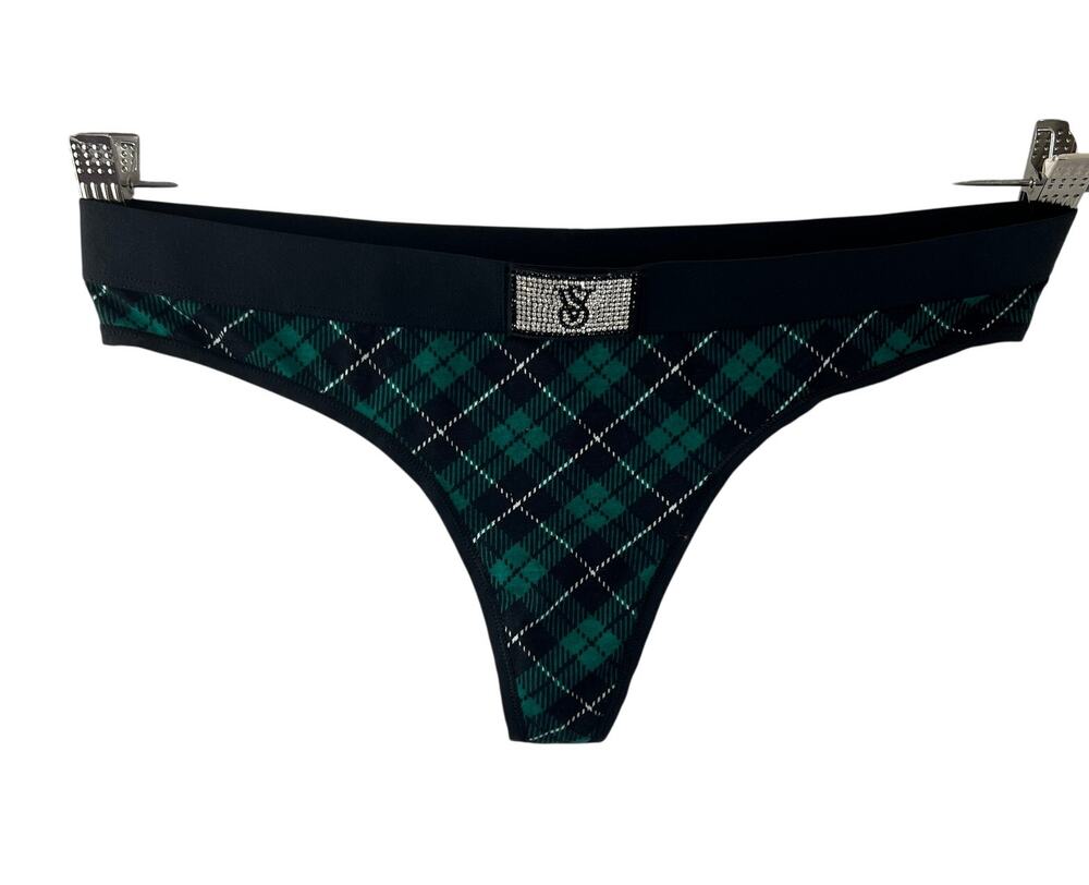 Victoria's Secret Green Thong Panty Cotton Plaid Rhinestone Logo Size Large NEW